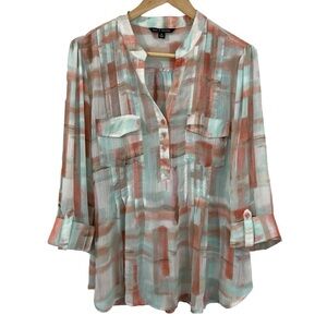 Zac & Rachel Sheer Pastel Popover Blouse Womens XL Pink Blue Cuffed Sleeve Top